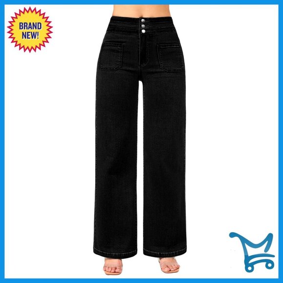 Denim - Wide Leg Jeans High Waist Stretchy Loose Denim Pants Y2K Retro Chic